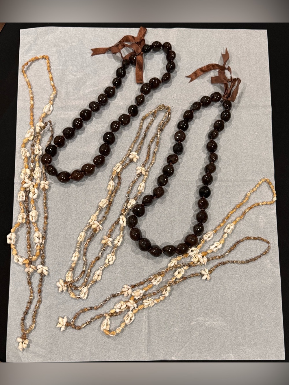 Authentic Hawaiian Wedding Lei Necklace Lot 8pc Handmade Kukui Nut Puka Shell
